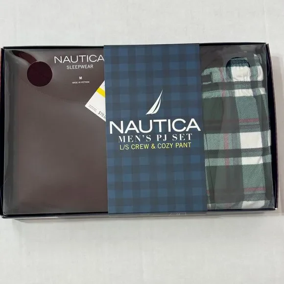 Nautica NWB Sz M Men's PJ Set Maroon/Green Multi Crew Neck Cozy Pants - Picture 11 of 12